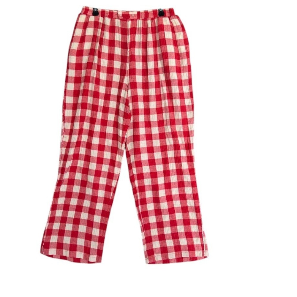 Free People Gingham Plaid Gauze Pants Womens XS Red White Wide Leg Elastic Waist